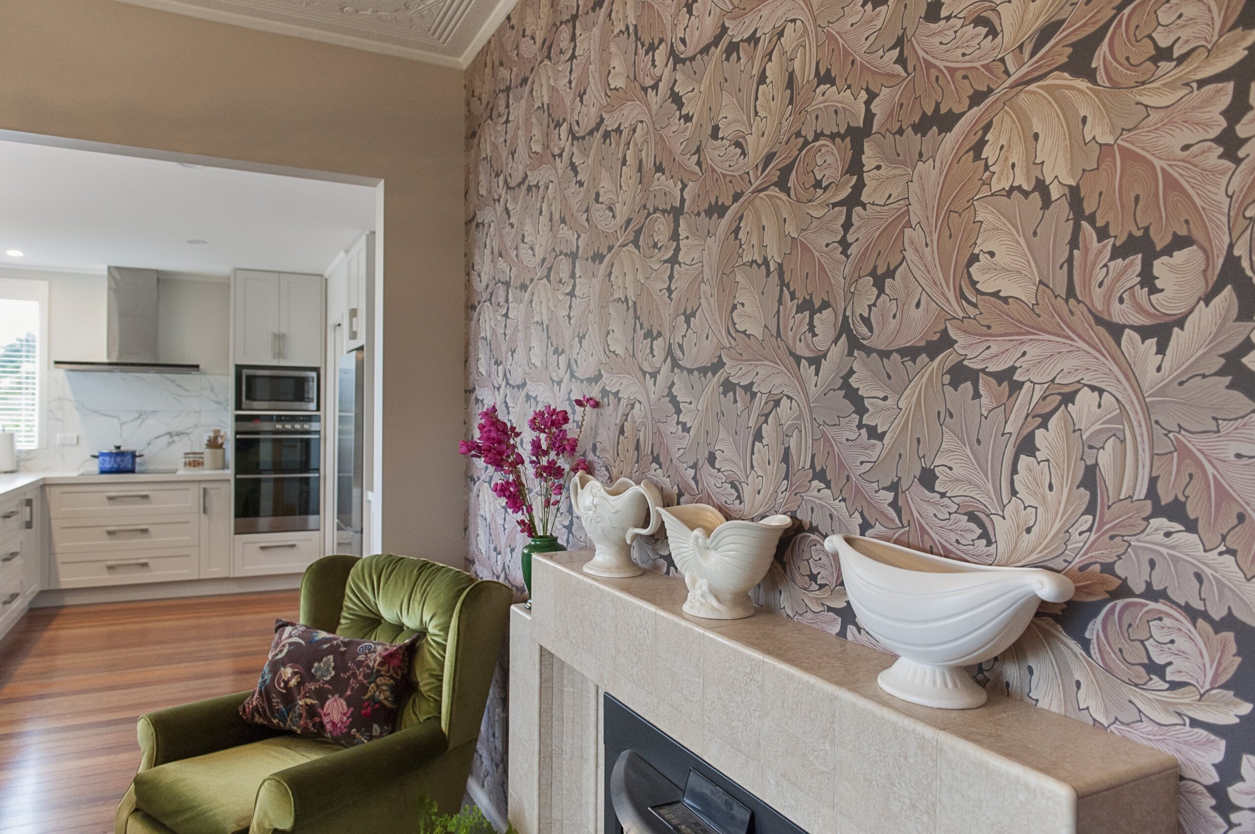  Dining room with art deco fireplaces and William Morris feature wallpaper