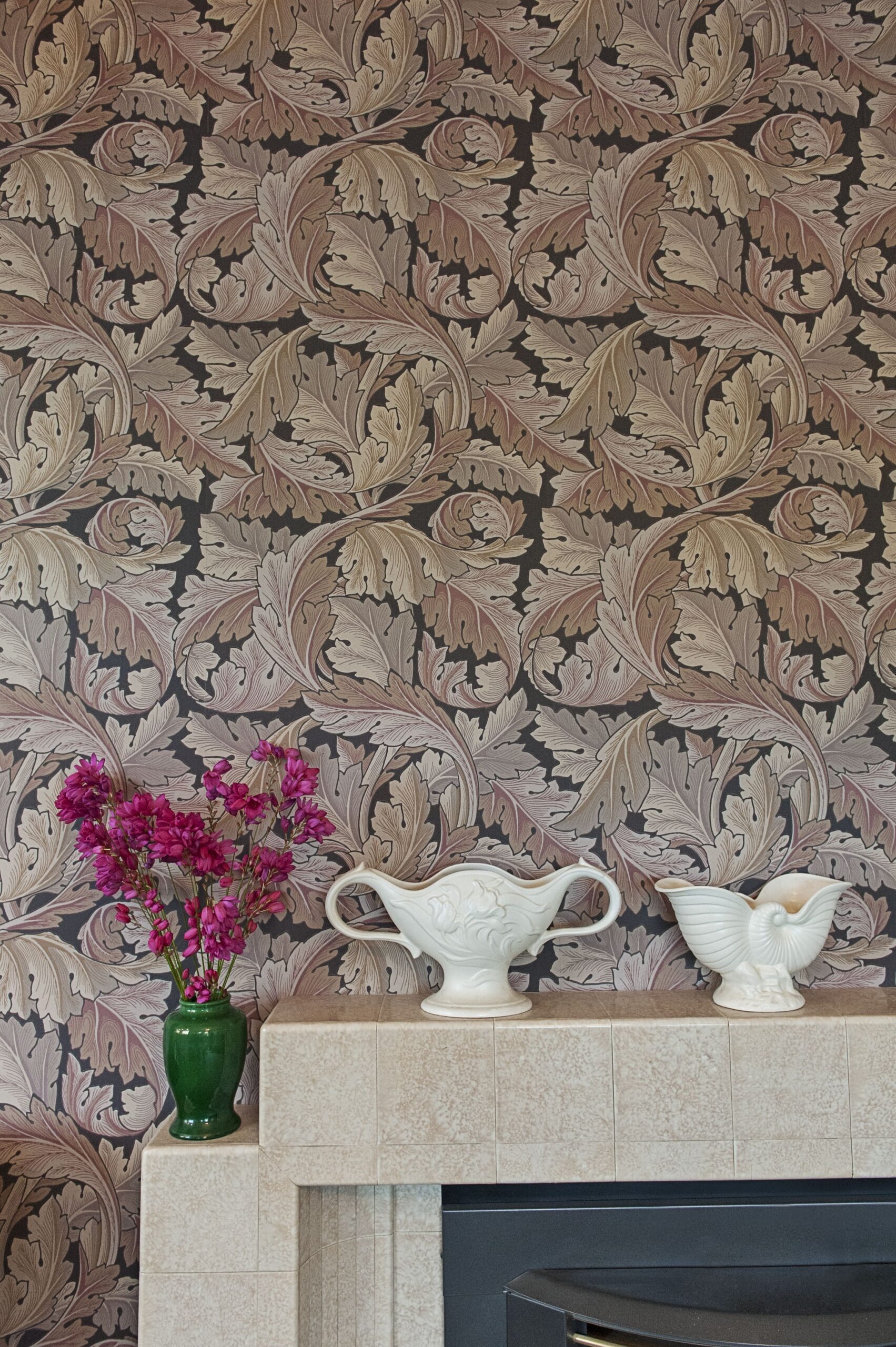  Detail of the Morris & Co Acanthus wallpaper and Crown Lynn china